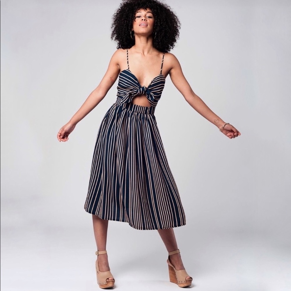 Stripe Bow Midi Dress (NAVY and CREAM) - Picture 1 of 8